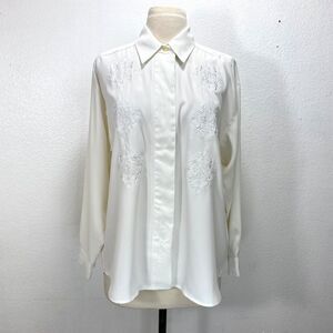 Vintage White Slinky Blouse Medium Front Placket Button Embroidery Career Formal